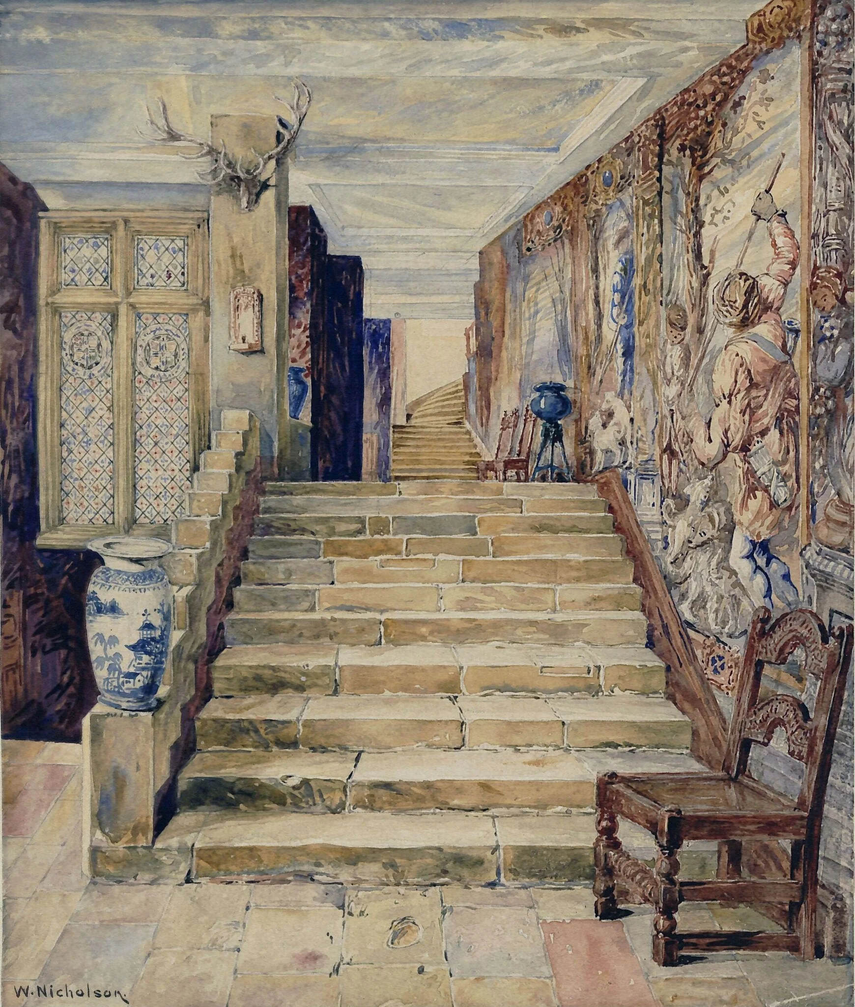 Staircase at Thorpe Ash Hall, by William Nicholson, watercolor, 1850