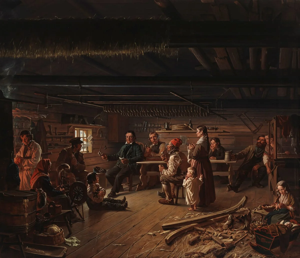 Pentti Lyytinen lukee runojaan savolaisessa pirtissä, by Robert Wilhelm Ekman, unspecified