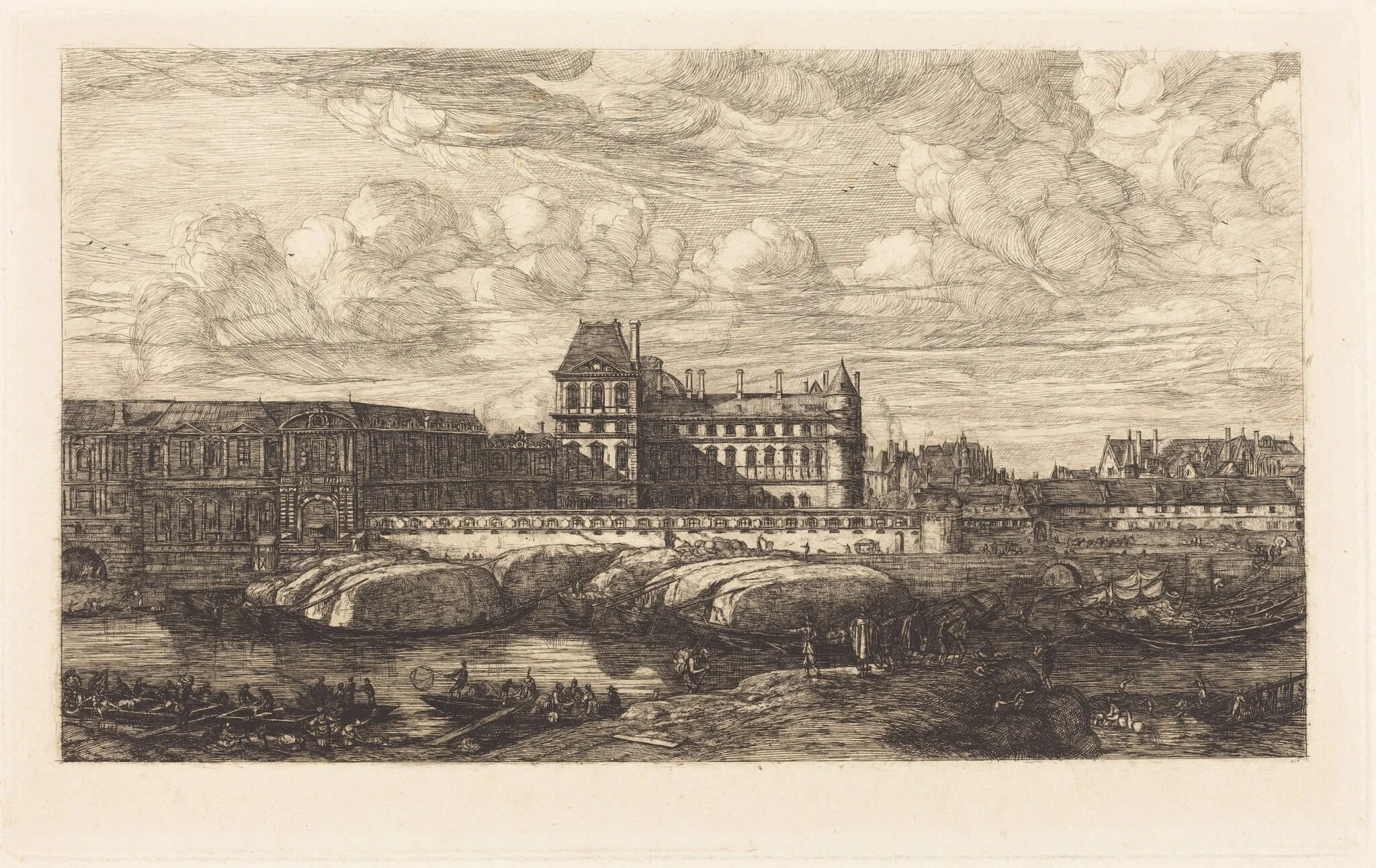 L'ancien Louvre d'après une peinture de Zeeman, 1651 (The Old Louvre, from a Painting by Zeeman, 1651), by Charles Meryon, ink, 1866
