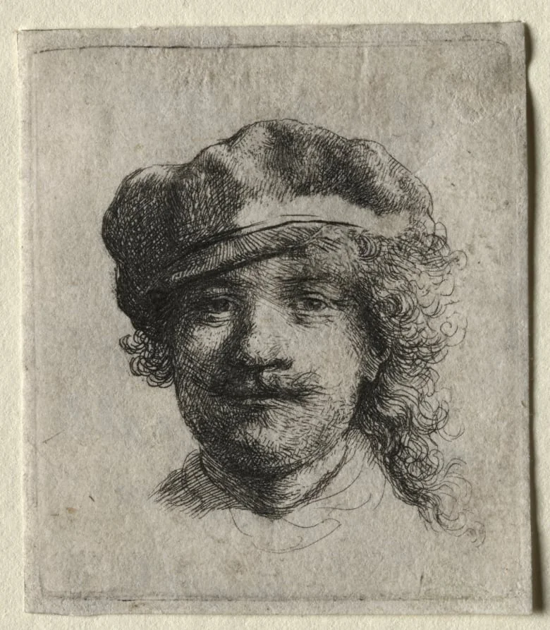 Self-Portrait Wearing a Soft Cap: Full Face, Head Only, by Rembrandt, 1634