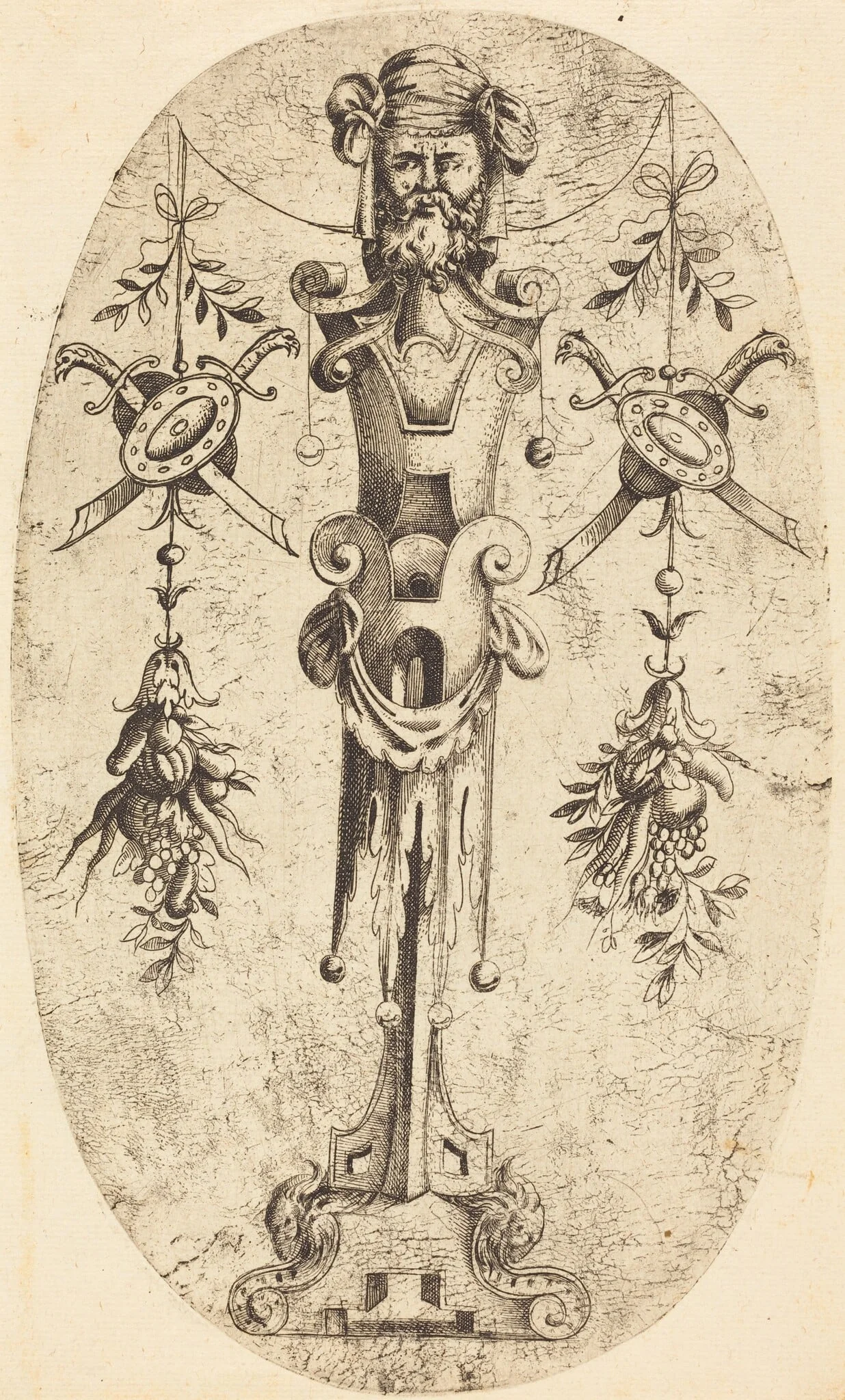 Bearded Head on a Pedestal, by Jean Mignon, ink, 1563