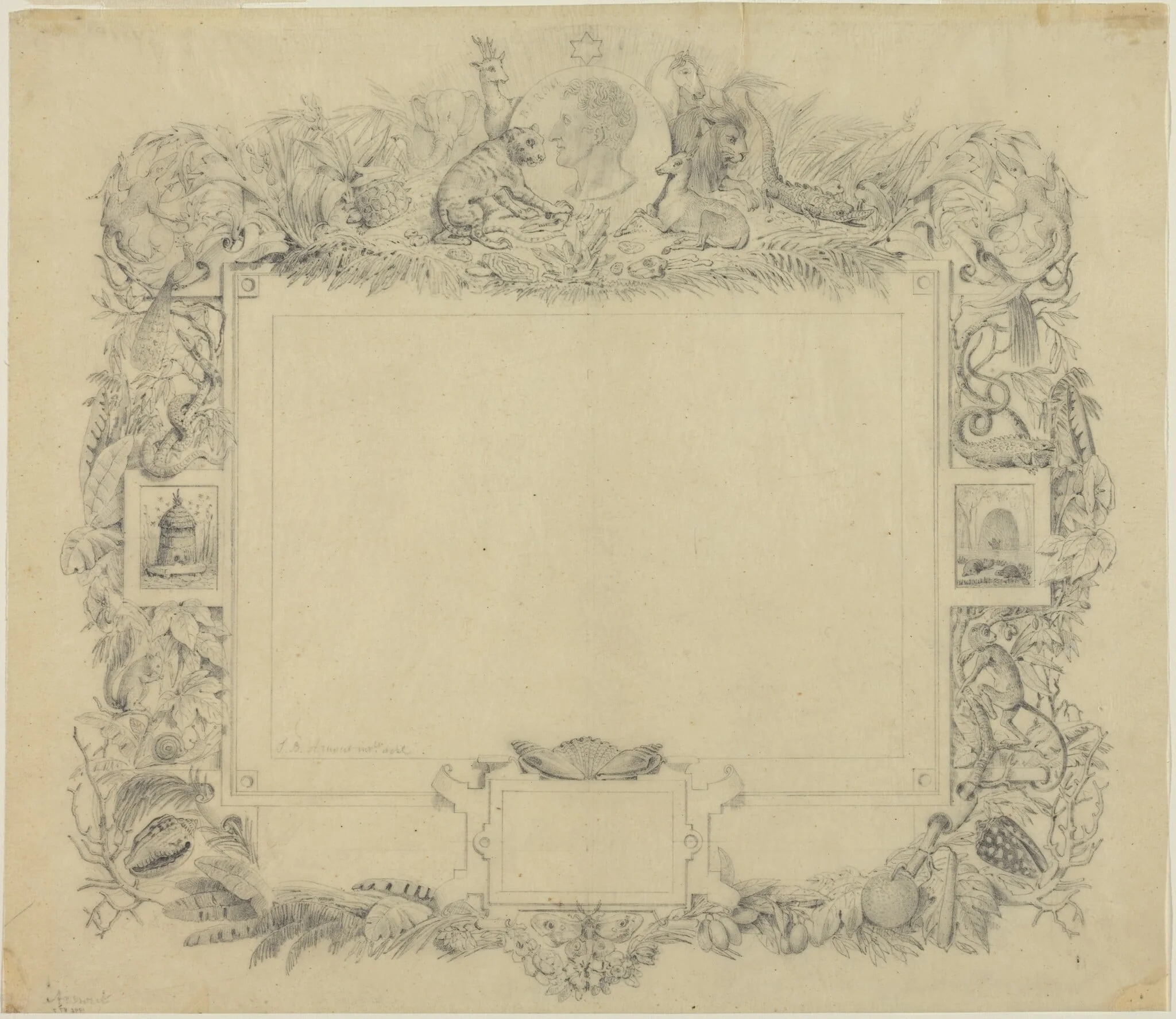 Design for a Border with a Portrait of Baron Cuvier, by Jean-Baptiste Arnout, graphite, 1826
