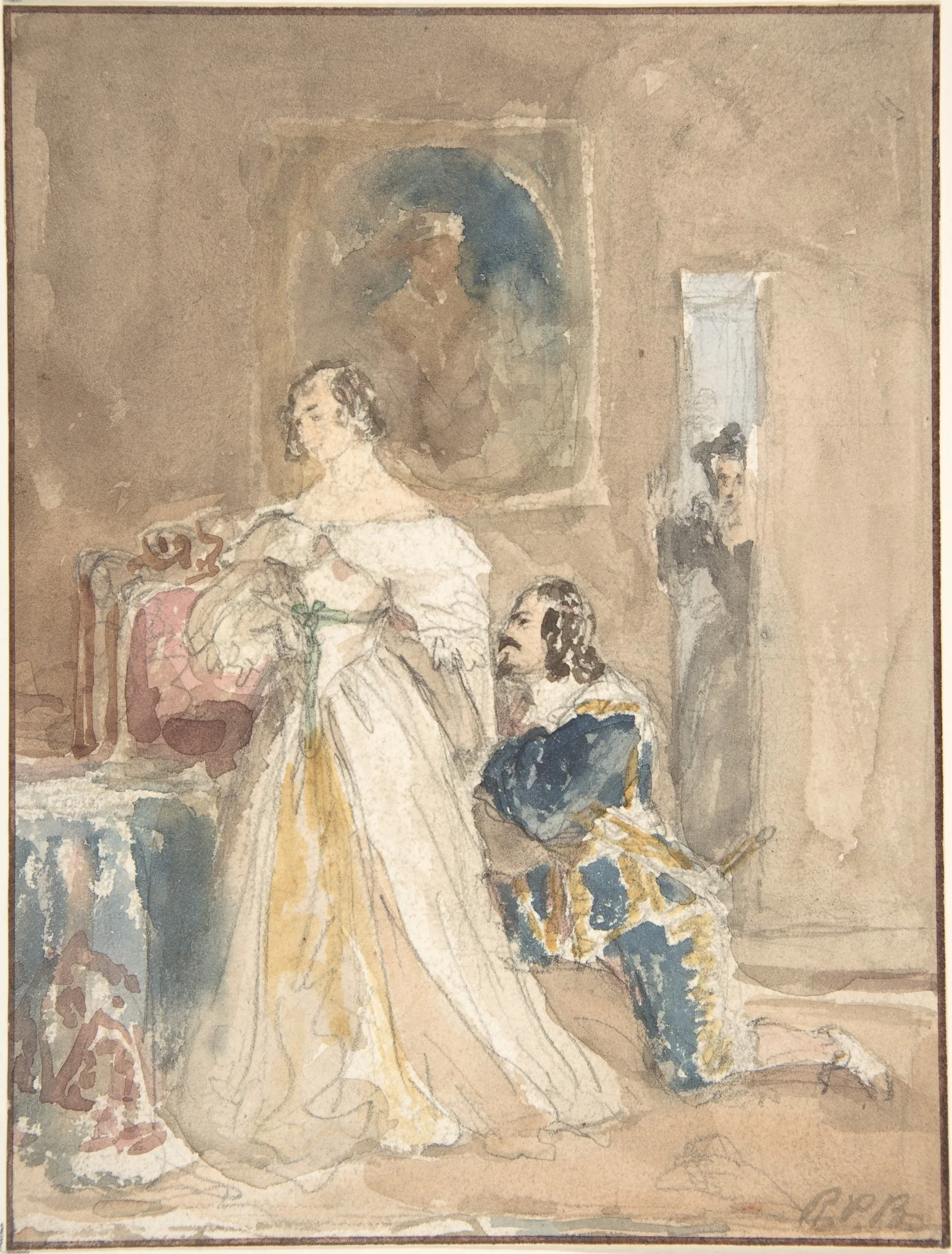 The Proposal (recto); Unfinished drawing of a horse and rider (verso)