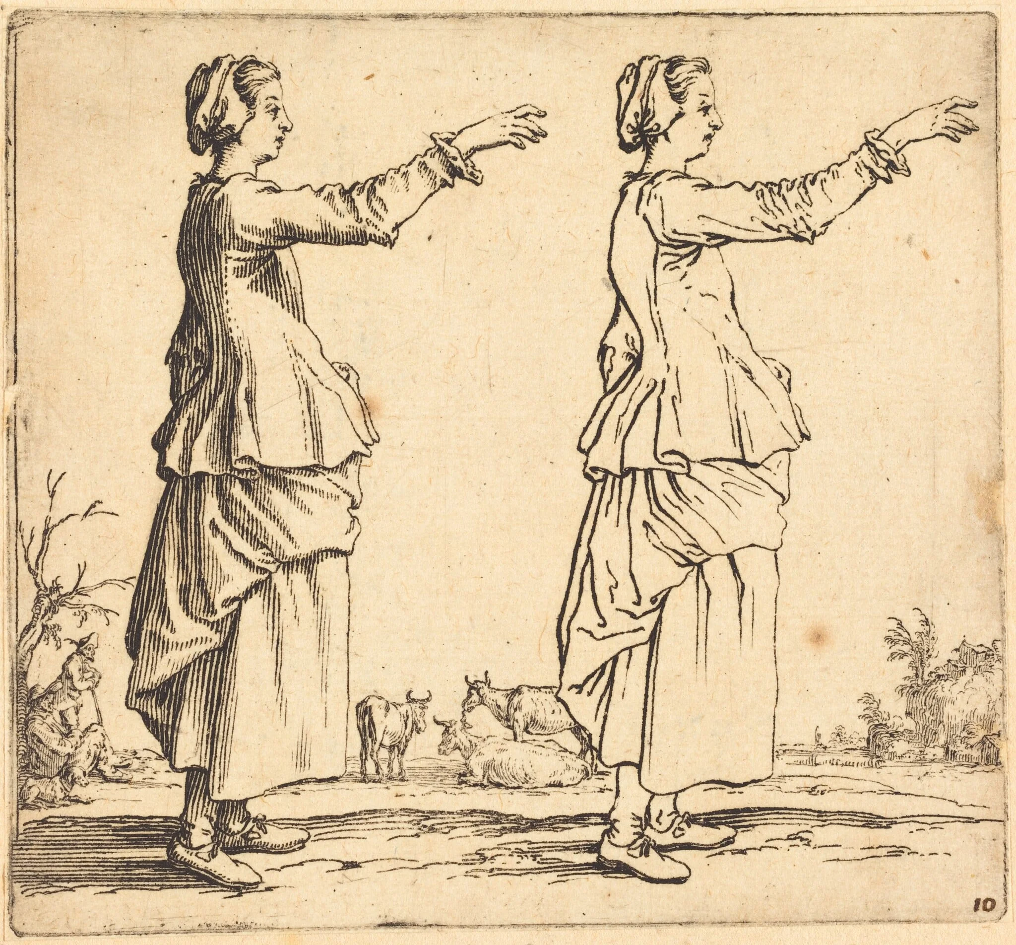 Peasant Woman, in Profile, Facing Right, with Arm Extended, by Jacques Callot, ink, 1622