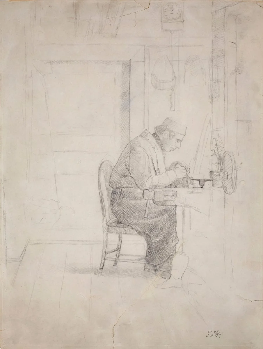 Wilhelm von Wright höyläpenkin ääressä, piirustus "Mariebergin verstas" -maalausta varten, by Ferdinand von Wright