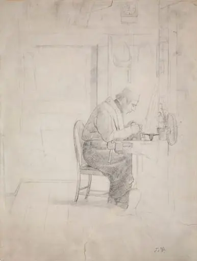 Wilhelm von Wright höyläpenkin ääressä, piirustus "Mariebergin verstas" -maalausta varten