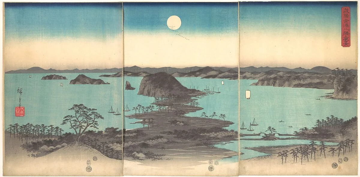 Buyō Kanazawa Hasshō Yakei|雪月花　武陽金沢八勝夜景|Full Moon at Kanazawa, Province of Musashi, by Utagawa Hiroshige, ink, 1857