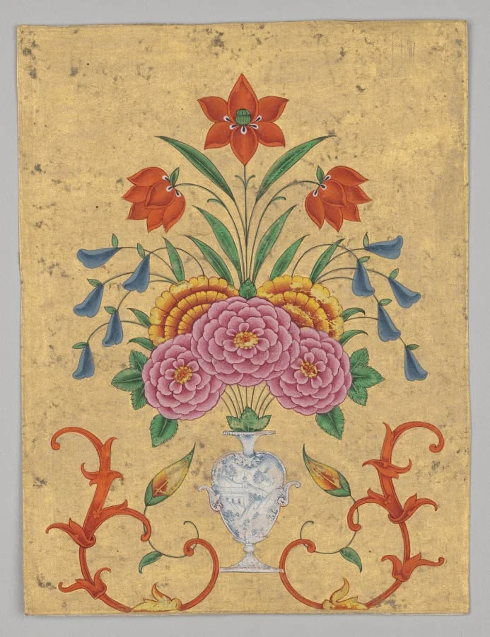 Vase with flower arrangement and scrollwork, by Unknown, unspecified, 1775