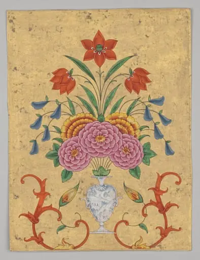 Vase with flower arrangement and scrollwork