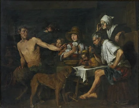 Satyr as a Guest of the Peasant, by Jan Cossiers, oil, 1650