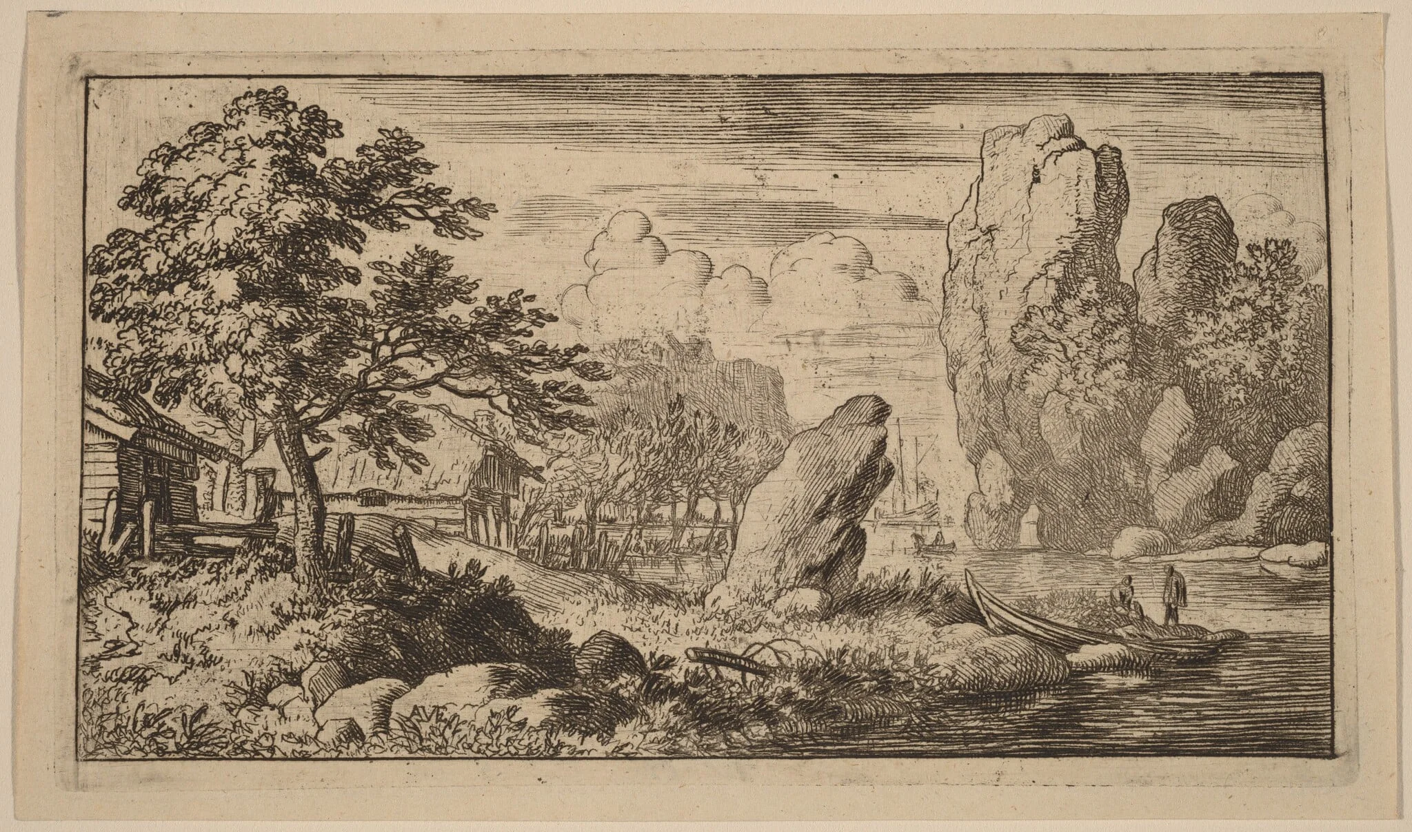 Pointed Boulder at the Bank of a River, by Allart van Everdingen, ink, 1650