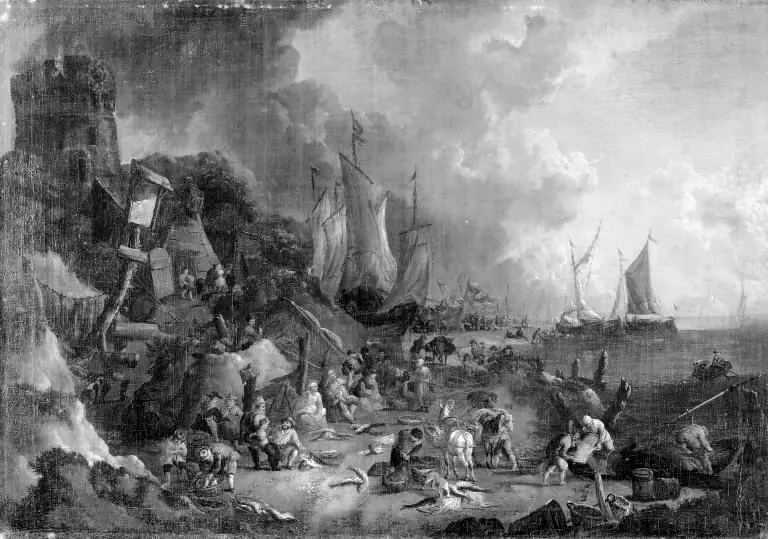 Mountainous Coast with Fishing Boats and Fishermen on the Beach