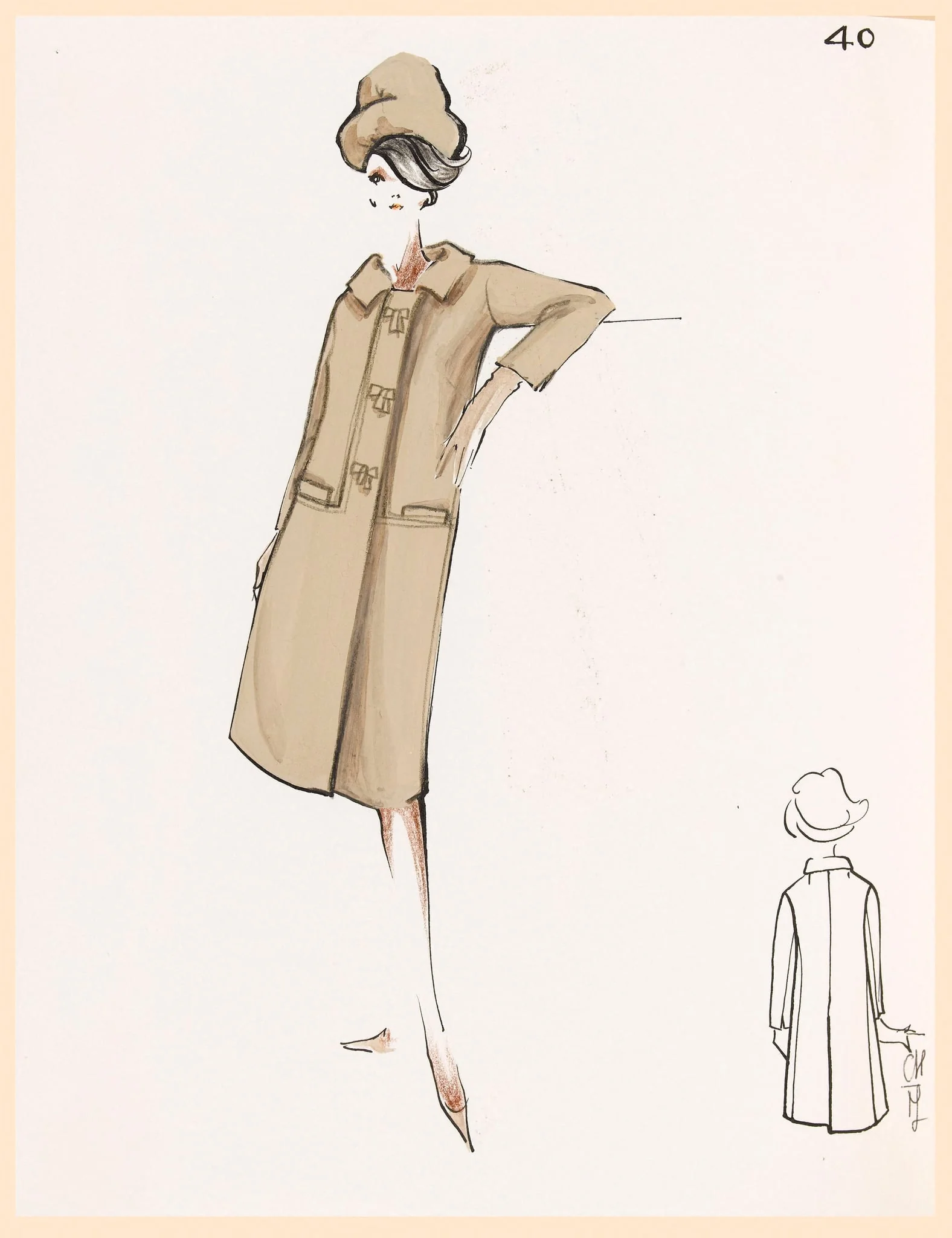 Manteau beige et chapeau assorti, by Marie-Louise Carven, 1967