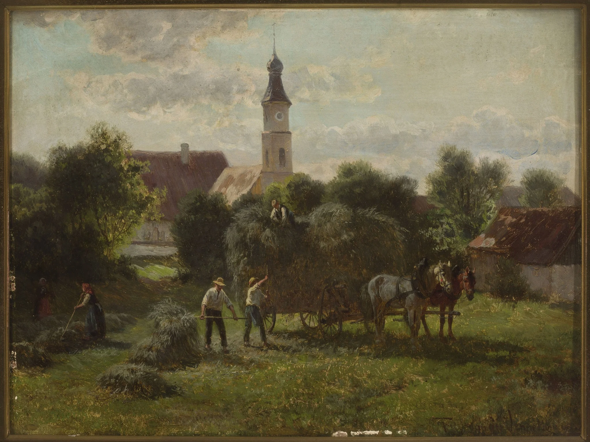 Carting hay with a view of the village and the church, by Adolf van der Venne, oil, 1878