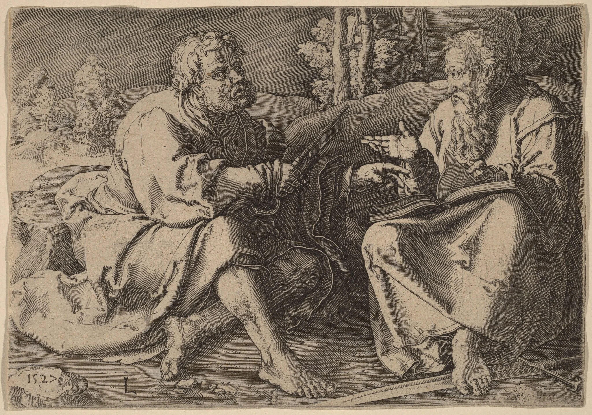 Saints Peter and Paul Seated in a Landscape, by Lucas van Leyden, ink, 1527