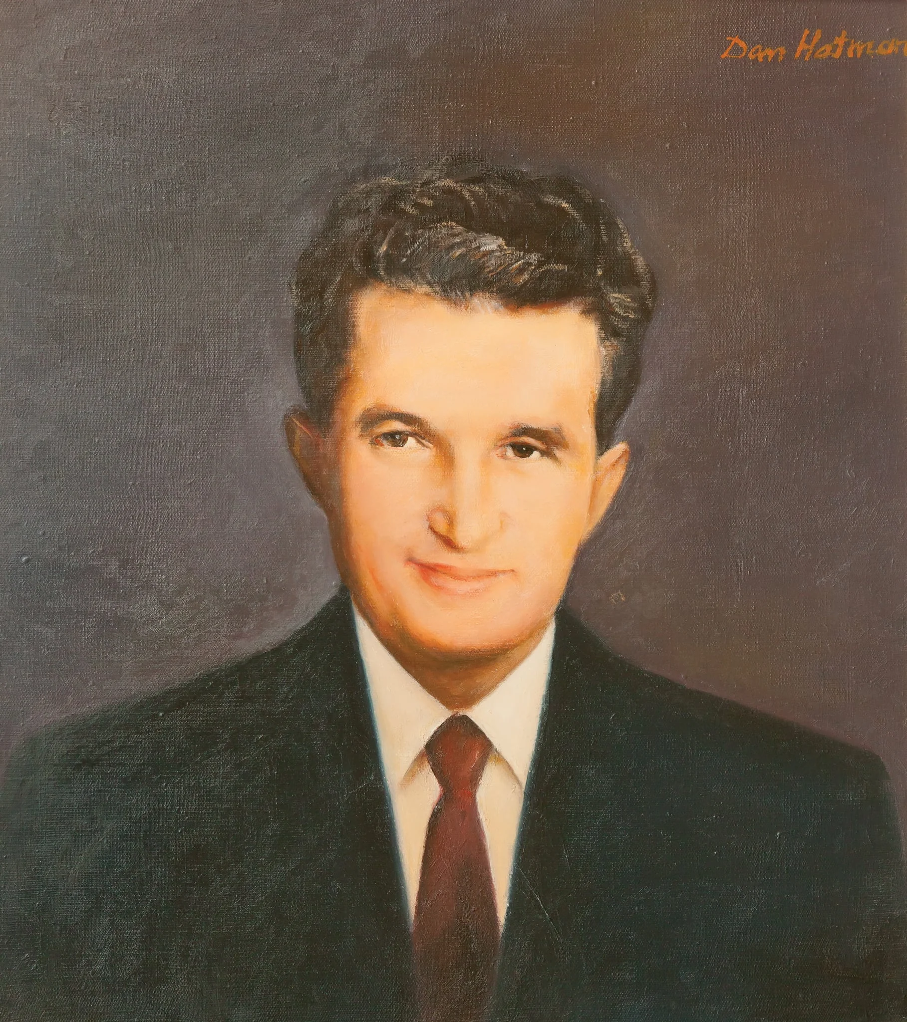 Tablou ulei pe pânză, „Nicolae Ceaușescu” semnat Dan Hatmanu în partea dreaptă sus, nedatat. Comandat de Consiliul Național al Femeilor și oferit cu ocazia aniversării zilei de naștere (ianuarie 1989)., by Dan Hatmanu