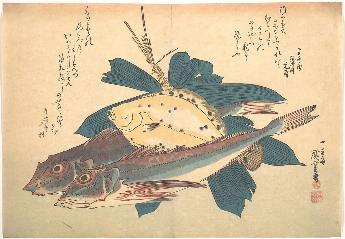 魚づくし　かれい　かながしらに笹|Kanagashira and Karei Fish, from the series Uozukushi (Every Variety of Fish), by Utagawa Hiroshige, ink, 1834