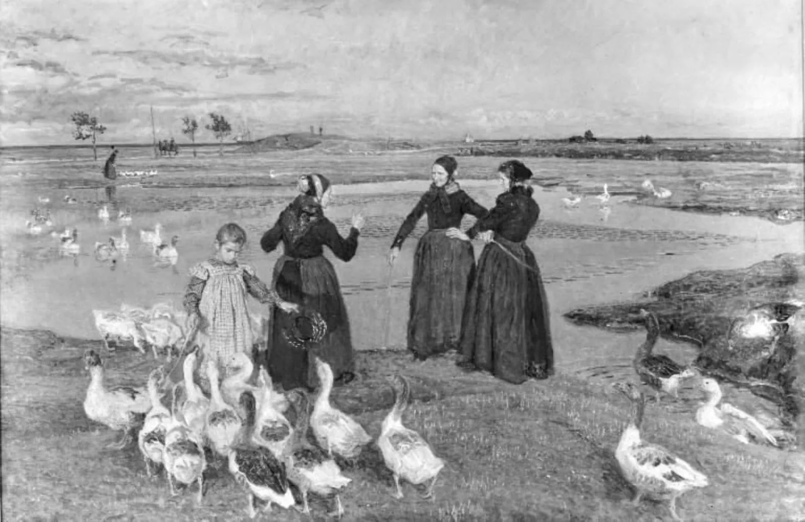 Før sol går ned. Dragør. Koner, en lille pige og gæs ved stranden, by Unknown, 1884