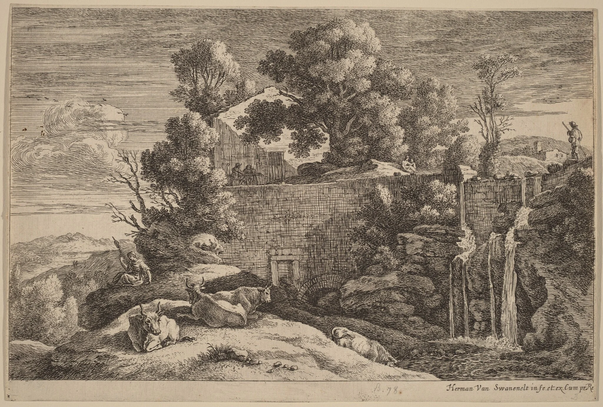 The Spinner and Four Cows, by Herman van Swanevelt, ink, 1628