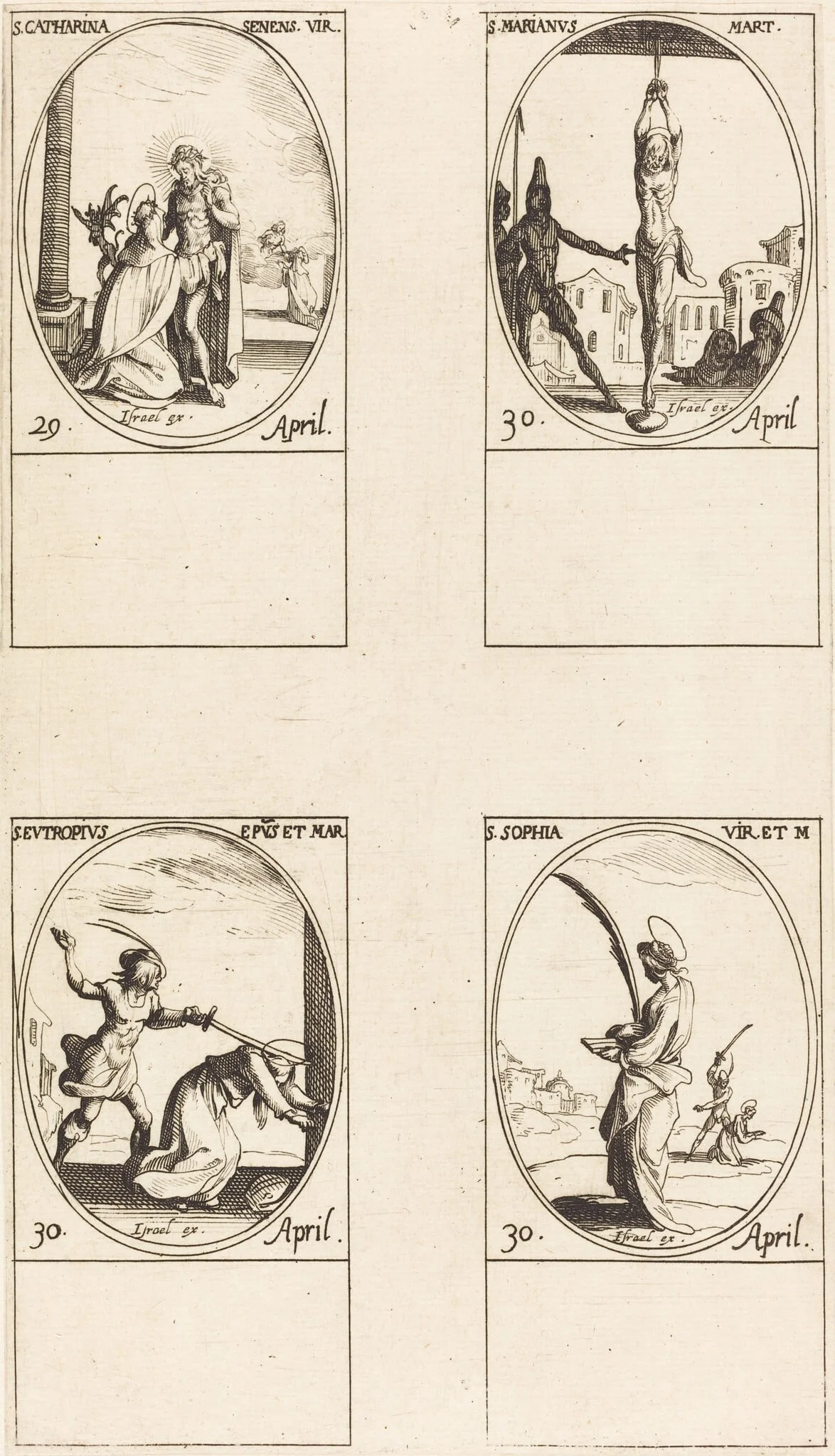 St. Catharine of Siena; St. Marian; St. Eutropius; St. Sophia, by Jacques Callot, ink, 1634