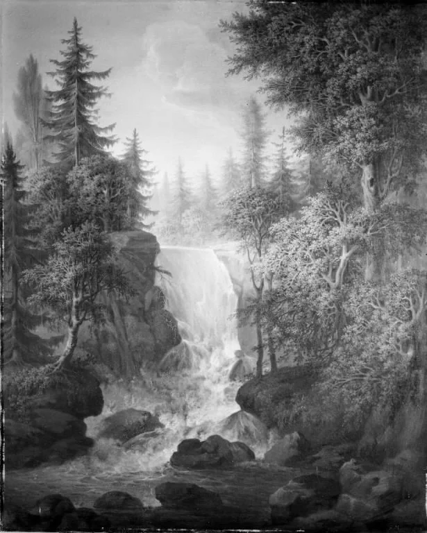 Skovrigt landskab med et vandfald, by Samuel Mygind, oil, 1813