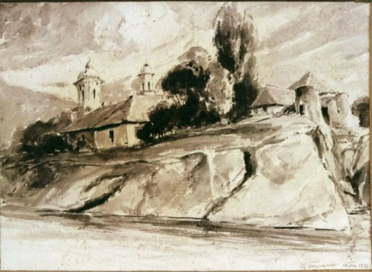 Peisaj cu biserică ortodoxă, by Wesenauer, 1949
