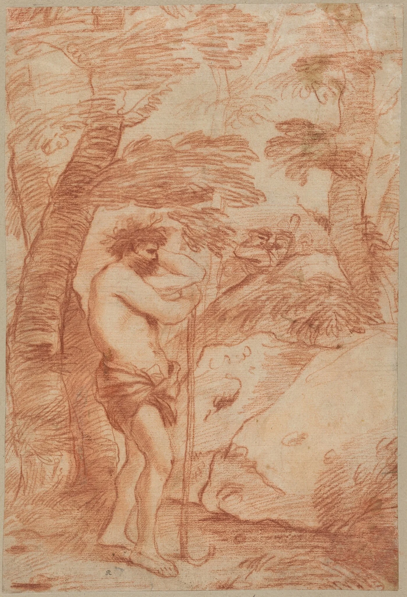 Standing Shepherd in a Landscape, by Andrea De Leone, chalk, 1634