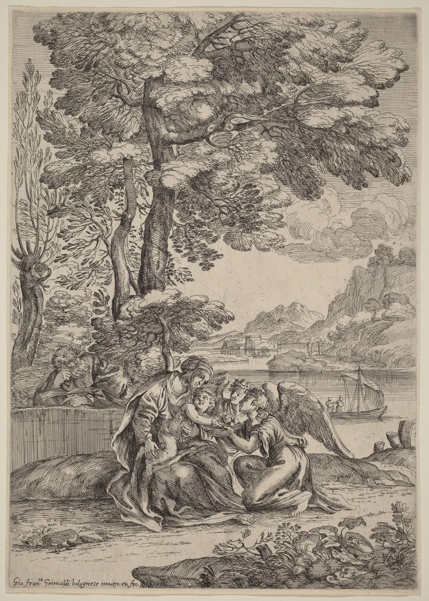 The Rest on the Flight into Egypt, by Giovanni Francesco Grimaldi, ink, 1643