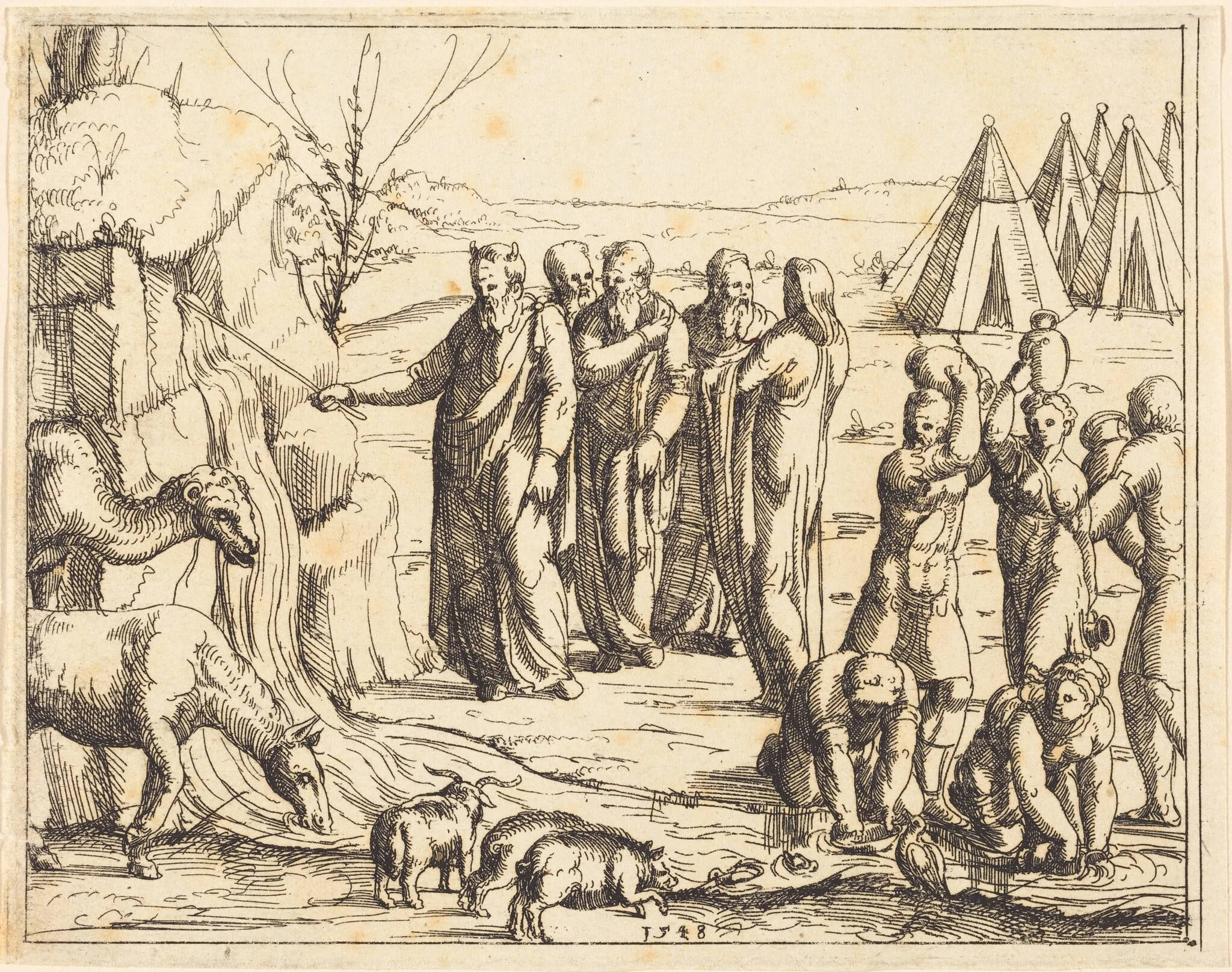 Moses Striking the Rock, by Augustin Hirschvogel, ink, 1528