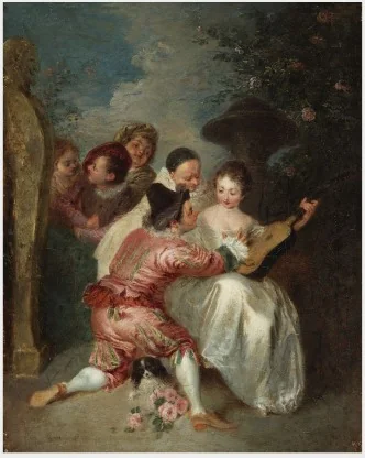 A Musical Party (Le Conteur), by Jean Antoine Watteau, oil, 1712