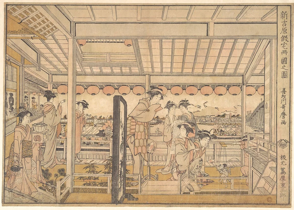 新吉原仮宅両国之図|Picture of the Temporary Lodgings of the New Yoshiwara Pleasure Quarter at Ryōgoku  (Shin Yoshiwara Karitaku Ryogoku no zu), by Kitagawa Utamaro, ink, 1784