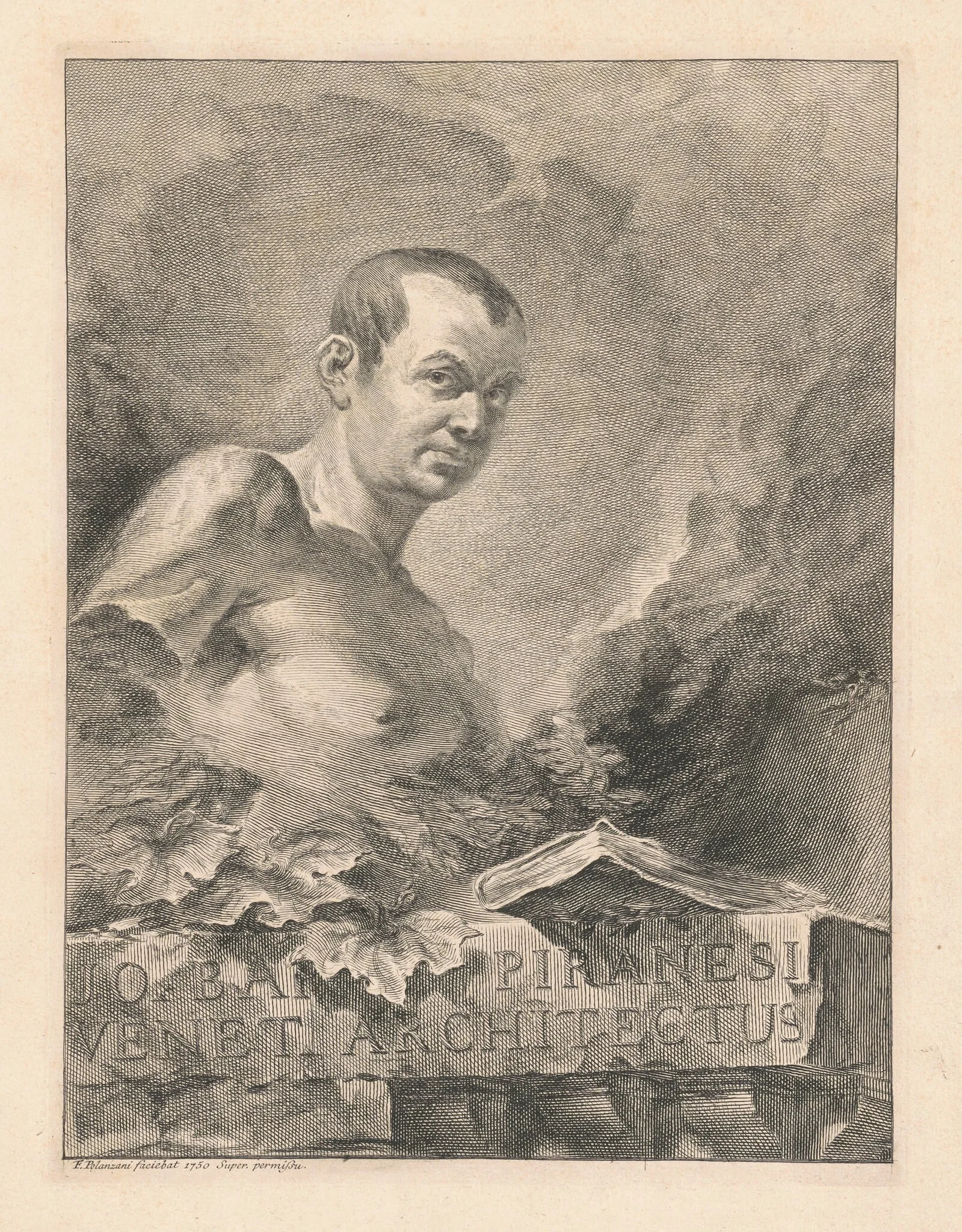 Jo Bap Piranesi Venet Architectus (Portrait of Piranesi), by Felice Polanzani, ink, 1750