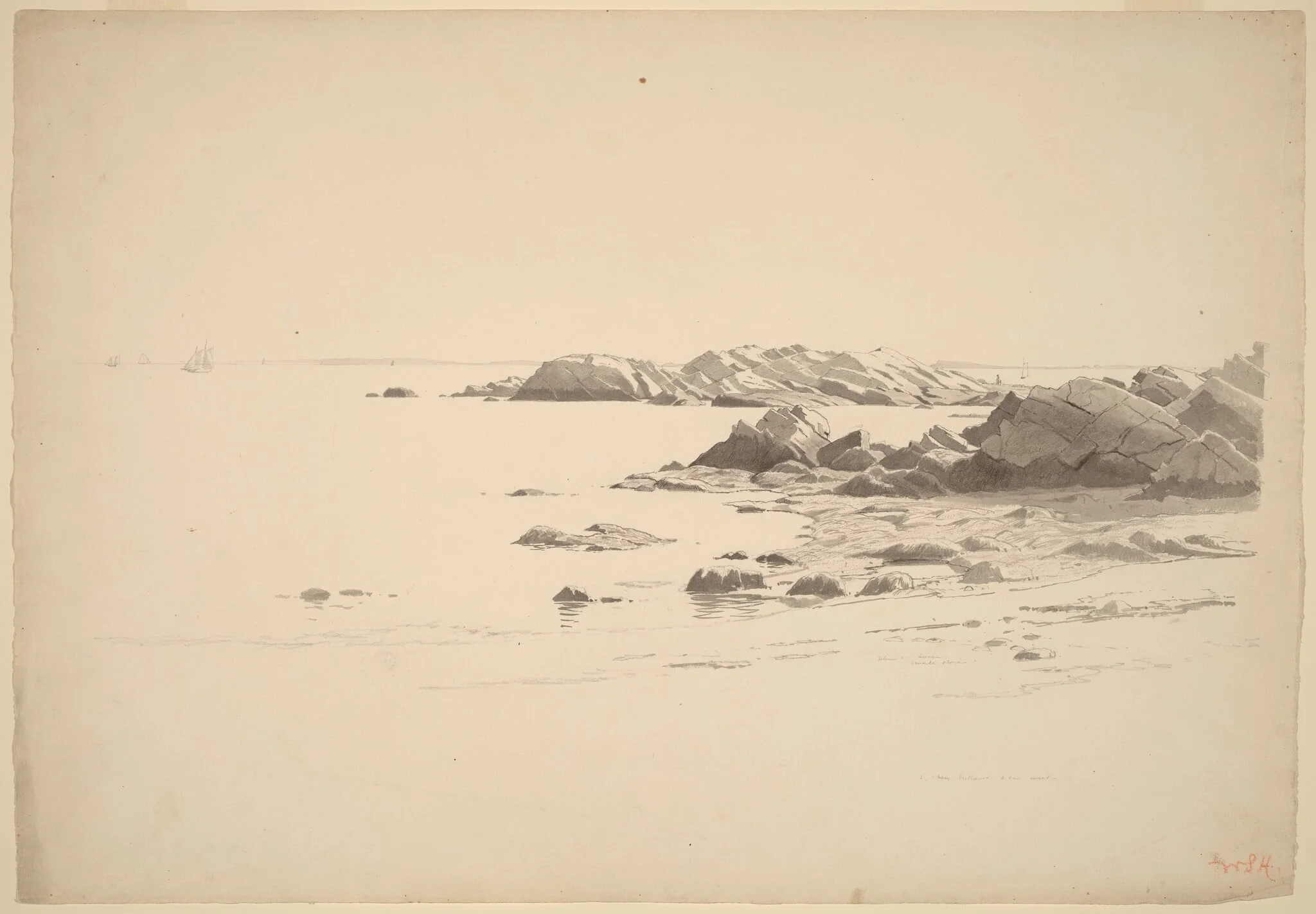 Rocklined Beach with Distant Boats, by William Stanley Haseltine, ink, 1864
