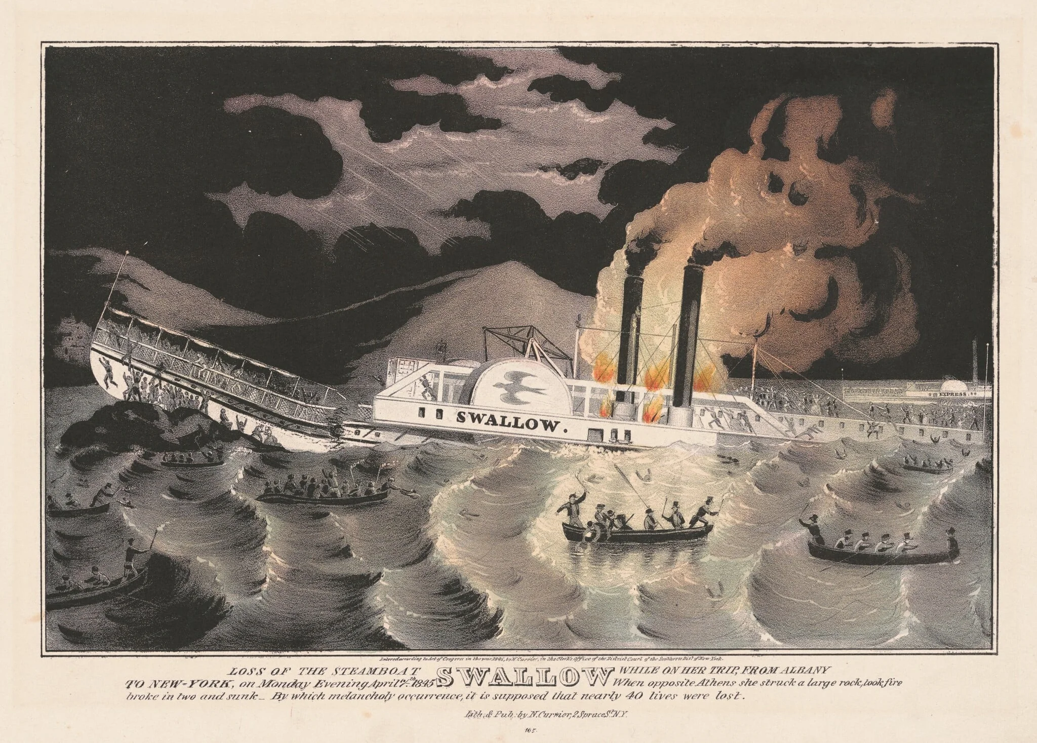 Loss of the Steamboat Swallow: While on Her Trip, from Albany to New-York, on Monday Evening April 7th 1845, by Nathaniel Currier, ink, 1845
