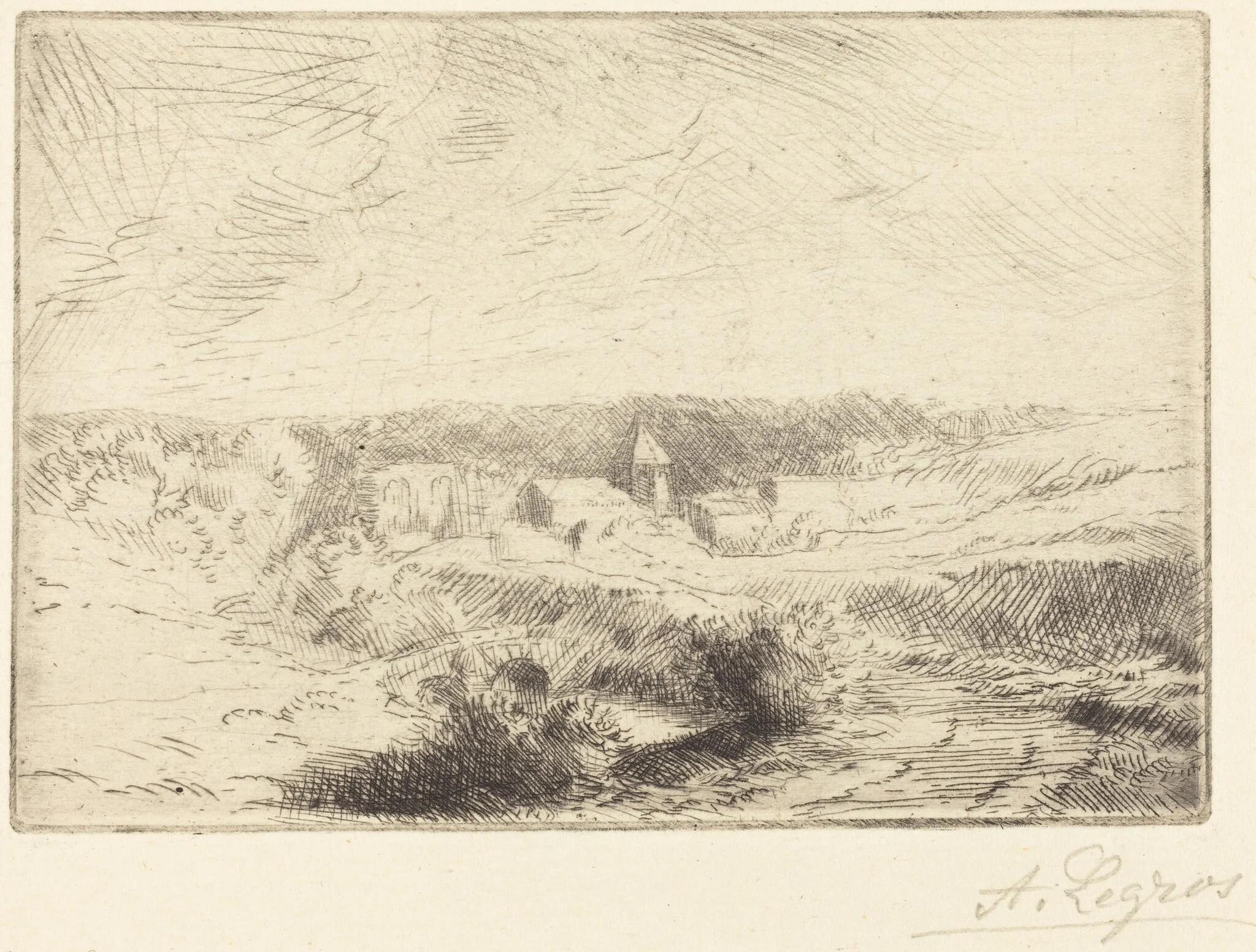 Village of Wimille, near Boulogne  (Village de Wimille, pres Boulogne), by Alphonse Legros, ink, 1874