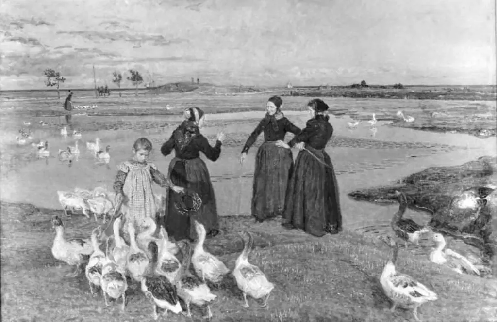 Før sol går ned. Dragør. Koner, en lille pige og gæs ved stranden