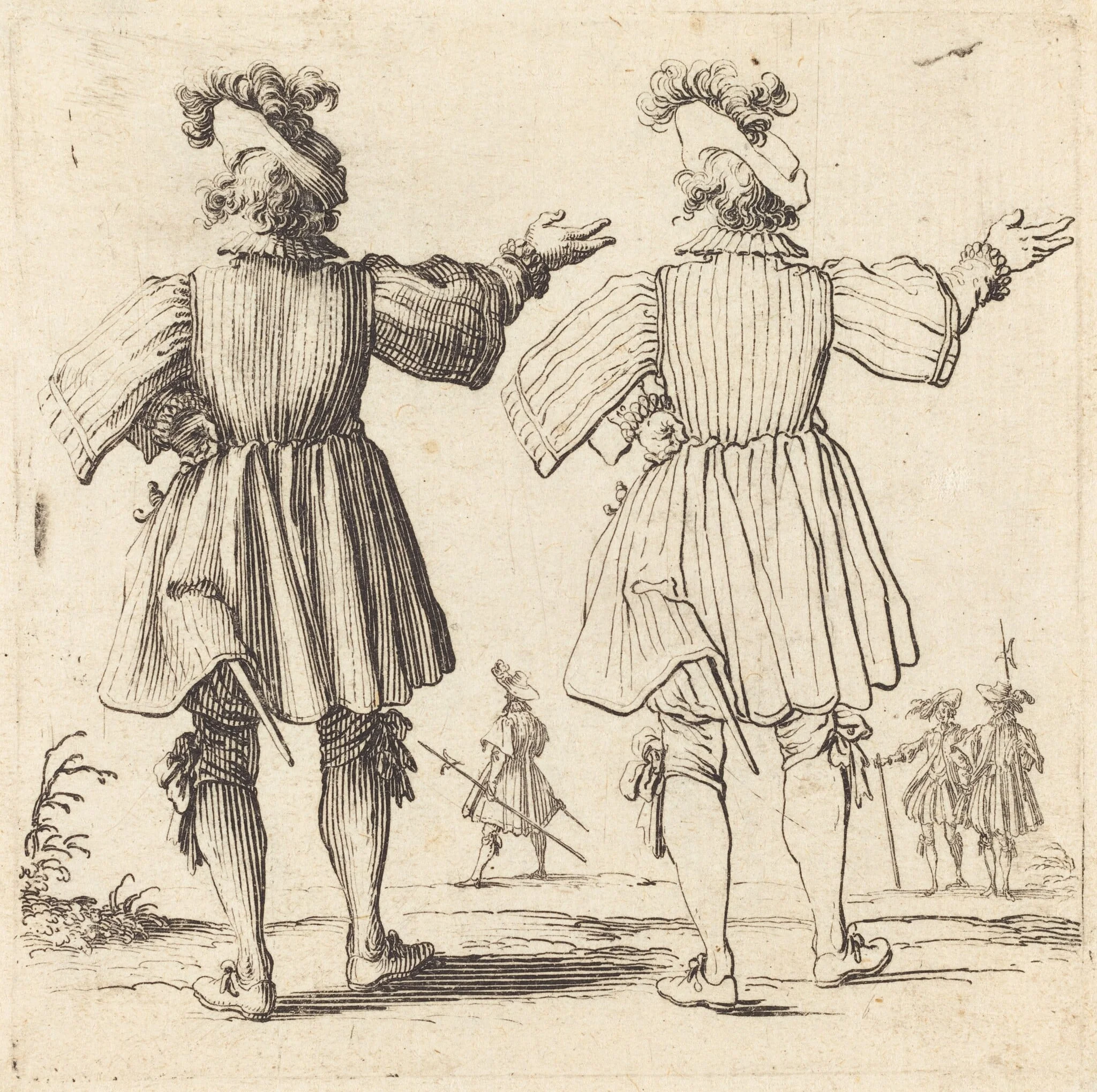 Officer with Plume, Seen from Behind, by Jacques Callot, ink, 1622