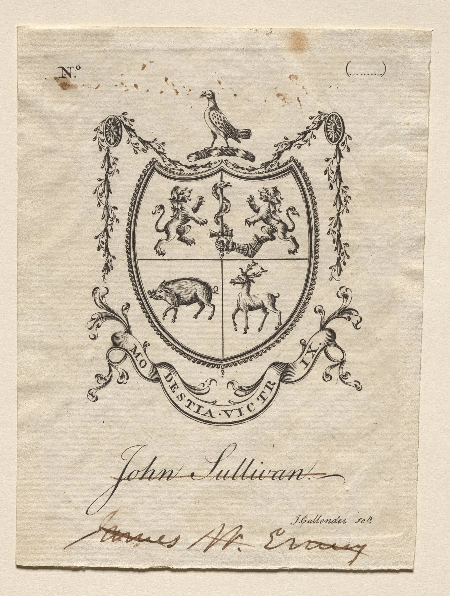 Bookplate:  Coat of Arms with John Sullivan inscribed below, by Joseph Callender, 1796