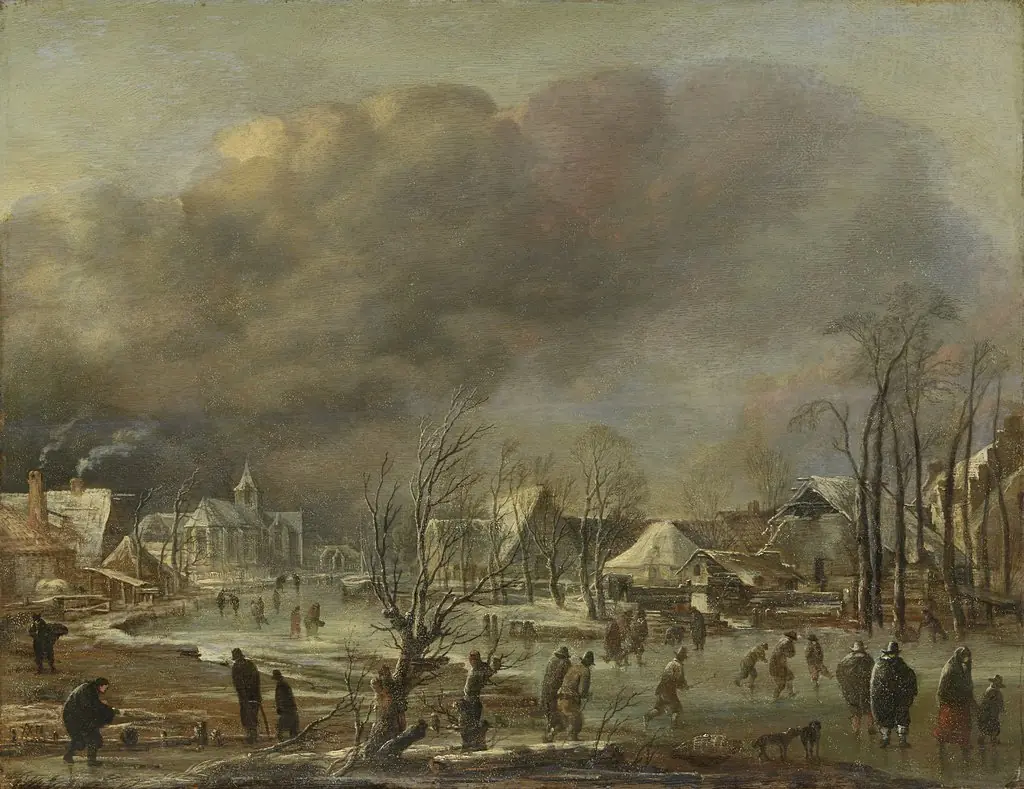 Snowfall on a village beside a frozen canal
