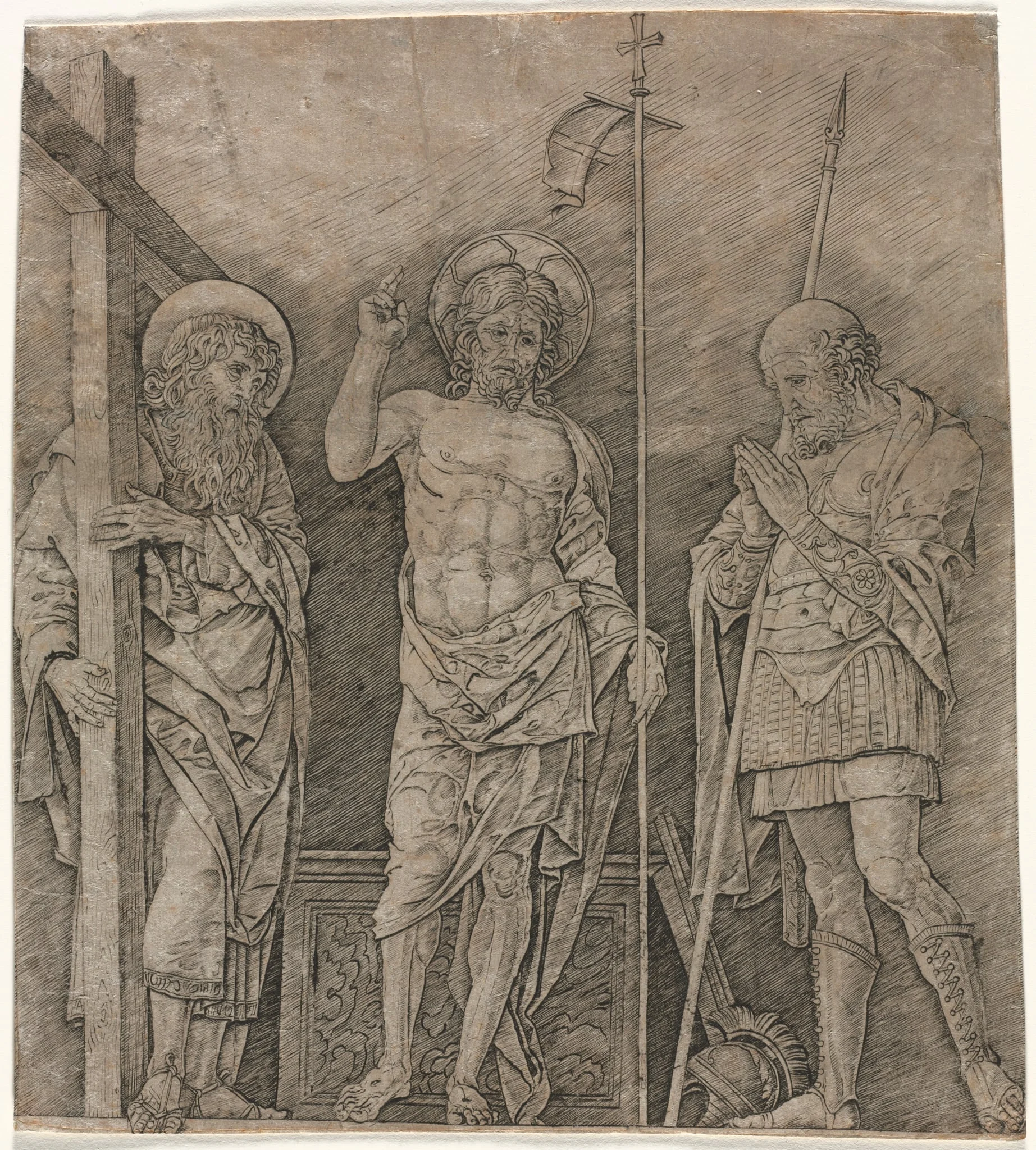 The Risen Christ between St Andrew and Longinus, by Andrea Mantegna, 1470