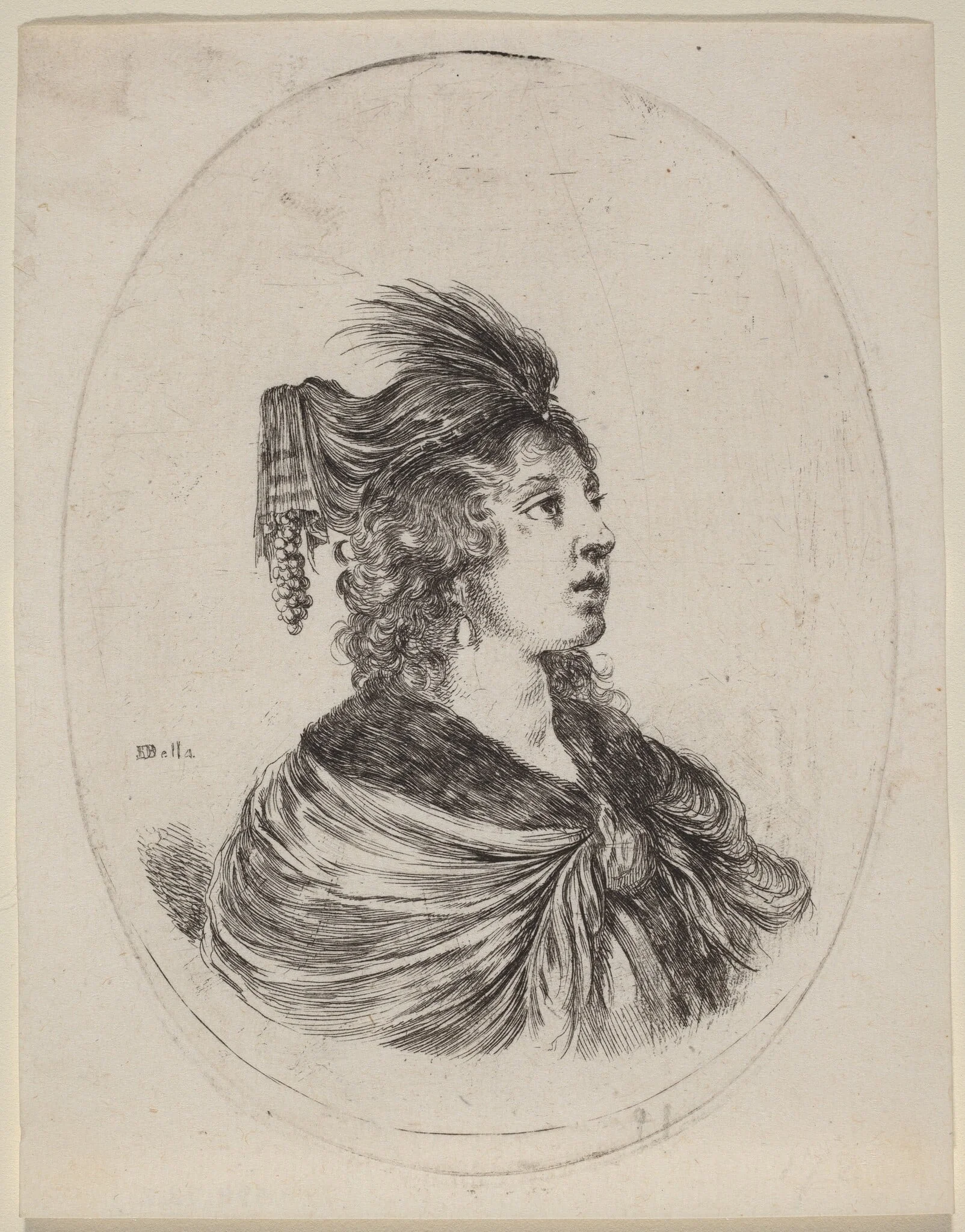 Woman in a Feathered Turban, Turned to the Right, by Stefano Della Bella, ink, 1650