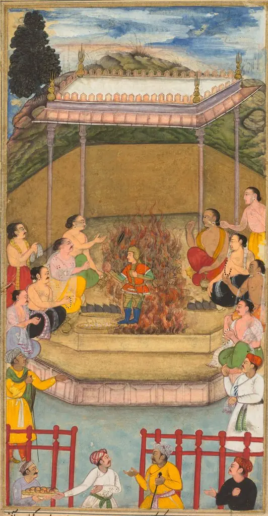 Yaja and Upayaja perform a sacrifice for the emergence of Dhrishtadyumna from the fire, from Adi-parva (volume one) of the Razm-nama (Book of Wars) adapted and translated into Persian by Mir Ghiyath al-Din Ali Qazvini, known as Naqib Khan (Persian, d