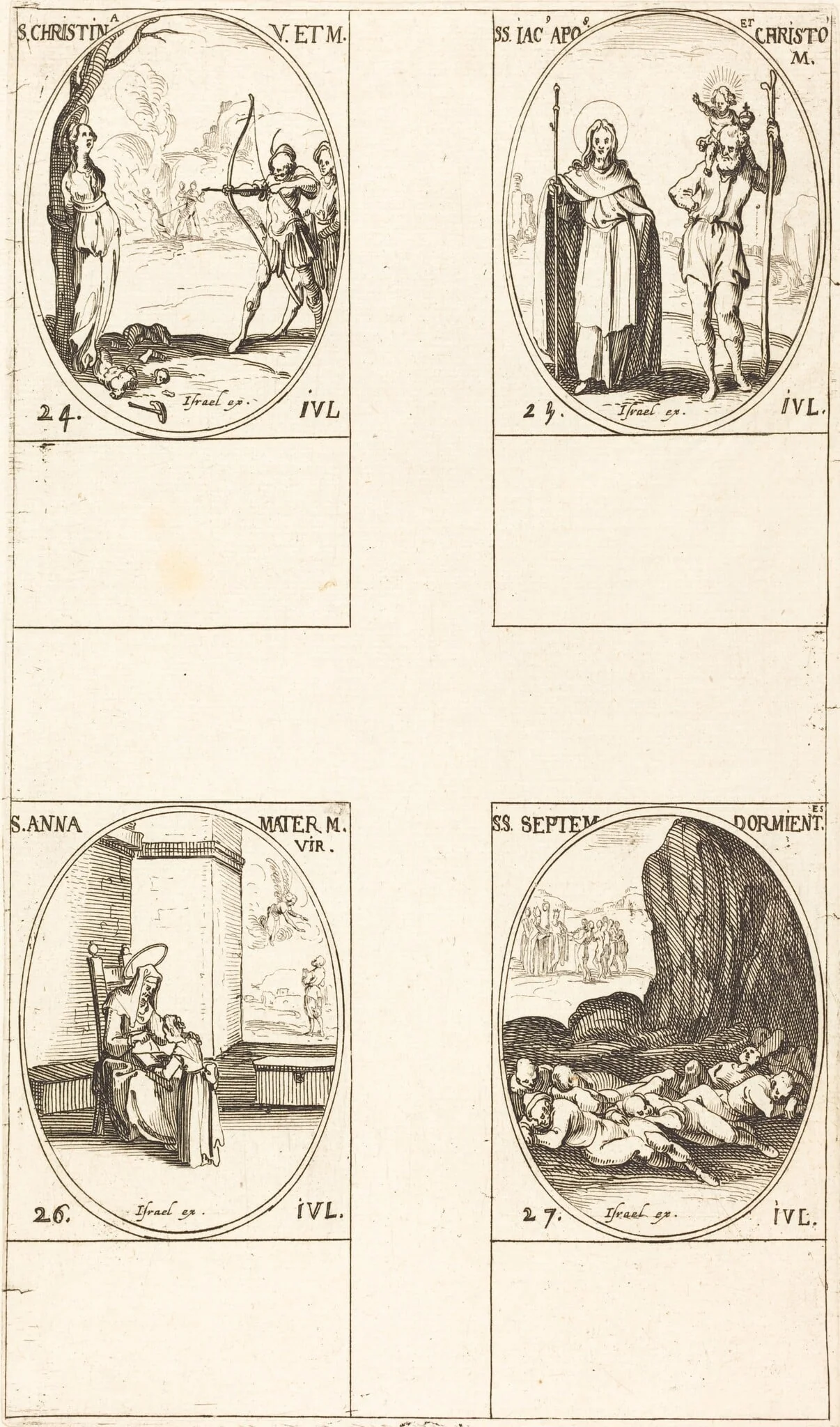 St. Christina; St. James, Apostle, and St. Christopher; St. Anne; Seven Sleepers of Ephesus, by Jacques Callot, ink, 1634