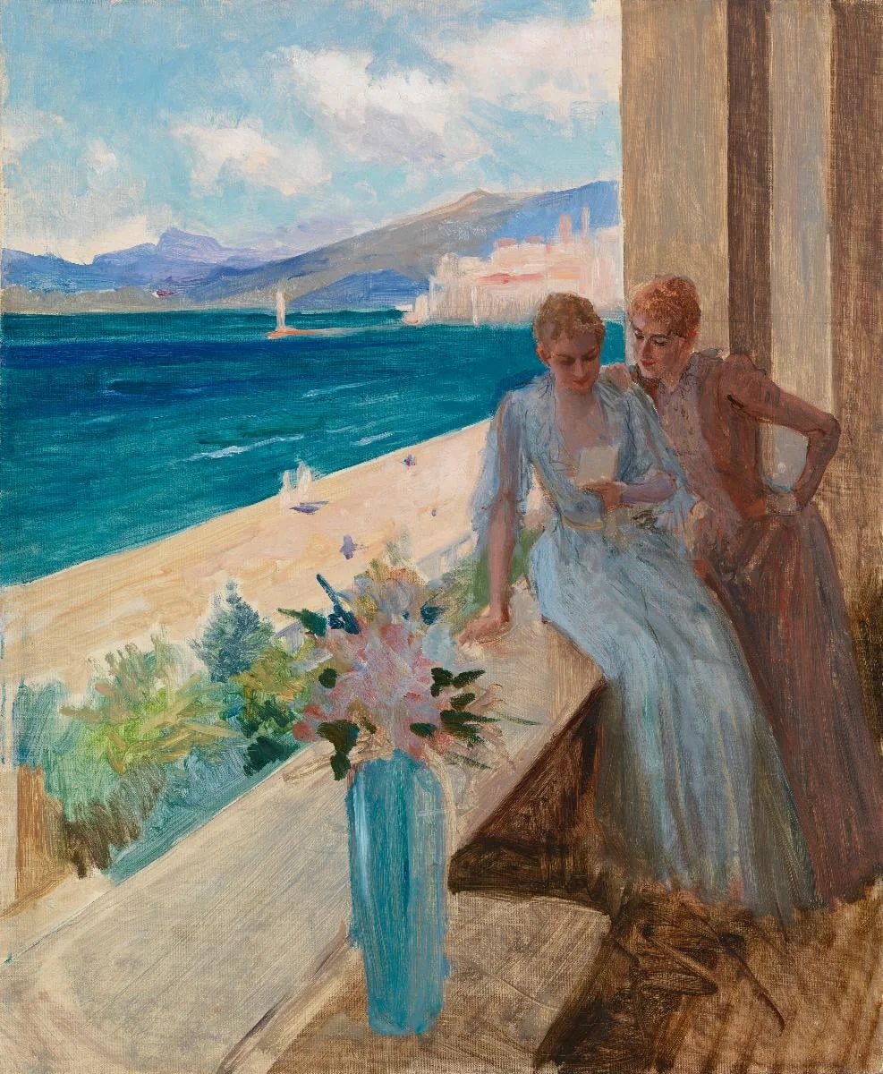 Taiteilijan vaimo ja Emilia von Etter parvekkeella Cannesissa, by Albert Edelfelt, unspecified, 1889