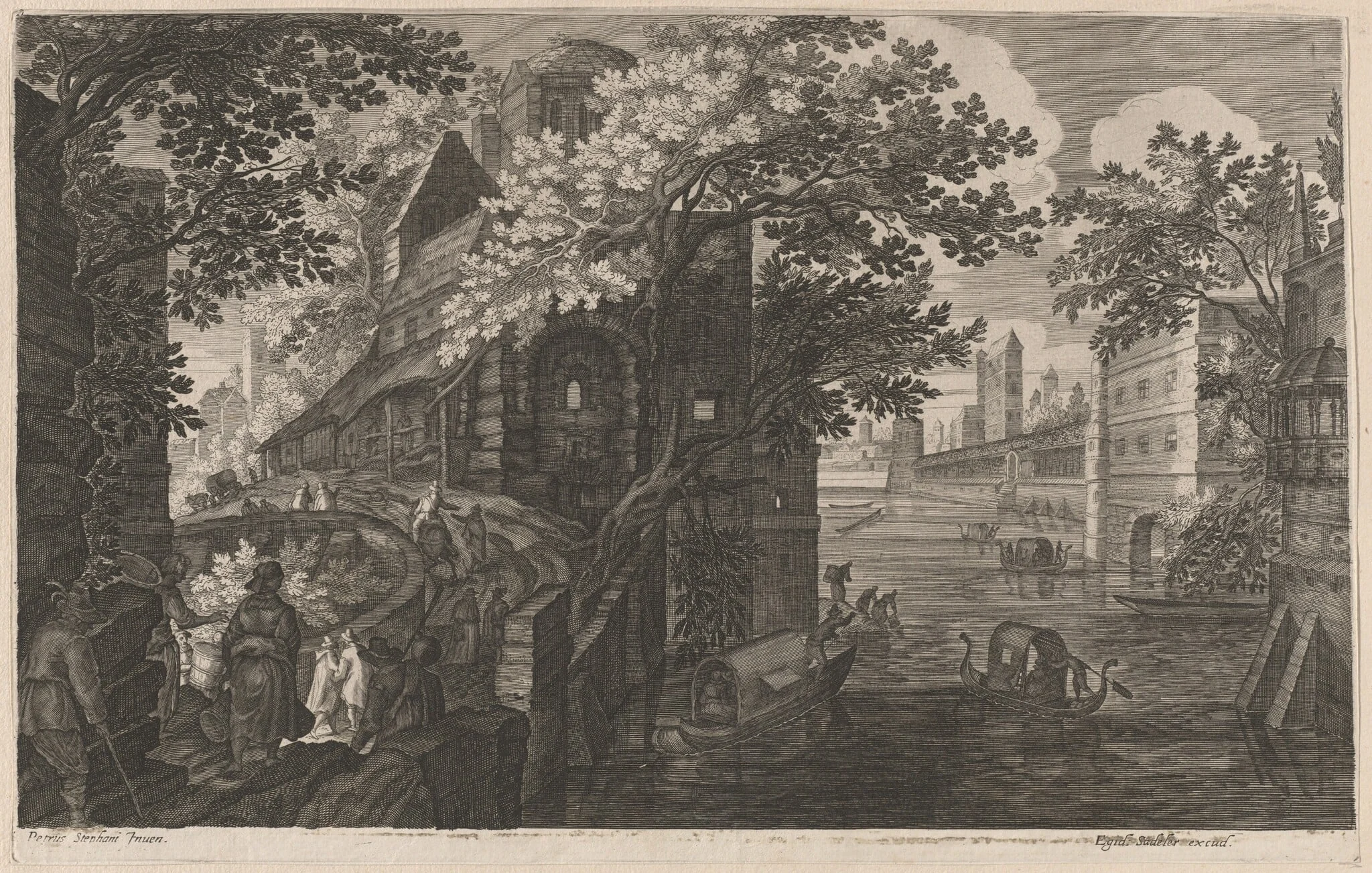 Gondolas on a River by a Palace, by Aegidius Sadeler II, ink, 1608