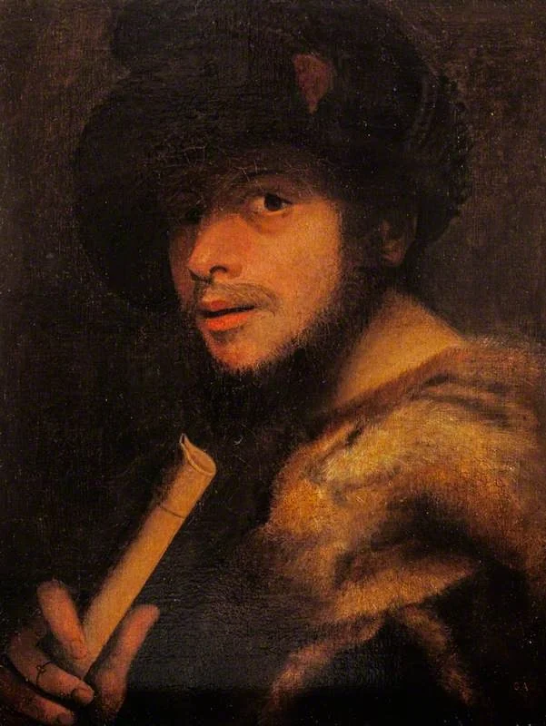 A Man Holding a Recorder, by Unknown, oil, 1575