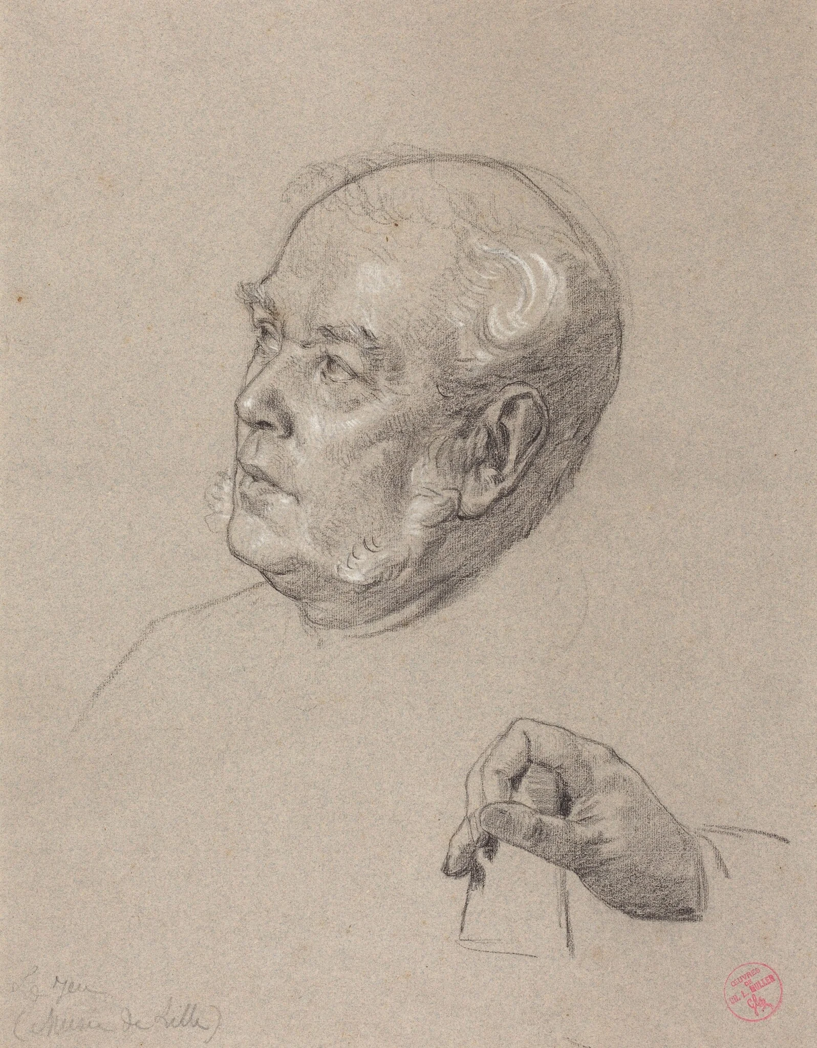 Head and Hand of a Man Throwing Dice, by Charles-Louis-Lucien Müller, chalk, 1864