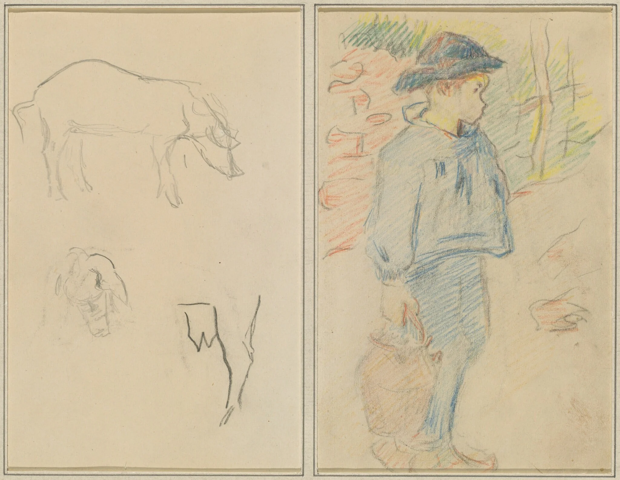 Three Studies of a Pig; Breton Boy Walking with a Jug [recto], by Paul Gauguin, graphite, 1886
