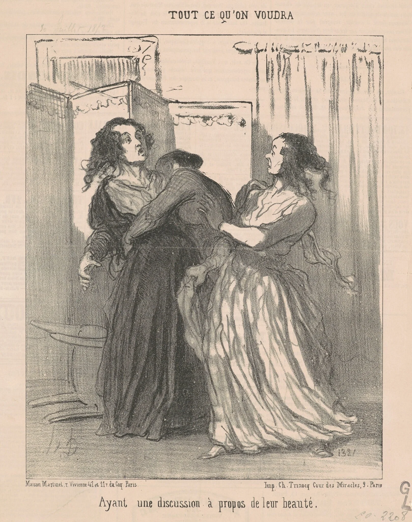 Ayant une discussion a propos de leur beauté, by Honoré Daumier, ink, 1852