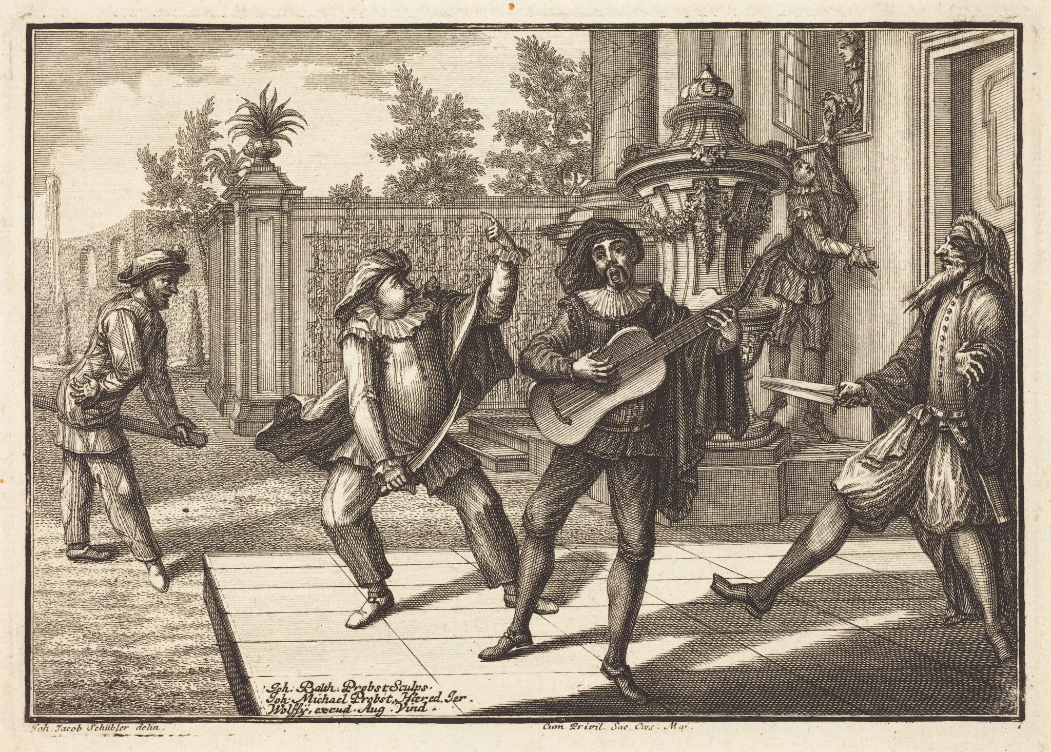 Scaramouche Distracts Pantalon, by Johann Balthasar Probst, ink, 1729